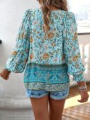 Blusa Floral con Lazada al Cuello y Mangas Farol