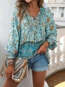 Blusa Floral con Lazada al Cuello y Mangas Farol
