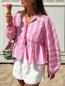 Blusa a Rayas Con Lazada Frontal y Manga Larga