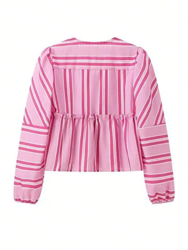 Blusa a Rayas Con Lazada Frontal y Manga Larga - Image 2