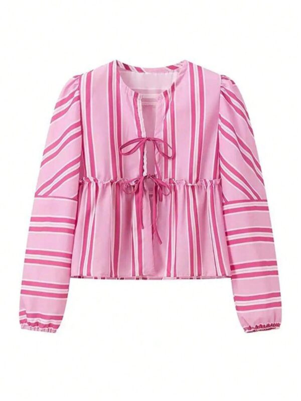 Blusa a Rayas Con Lazada Frontal y Manga Larga - Image 3