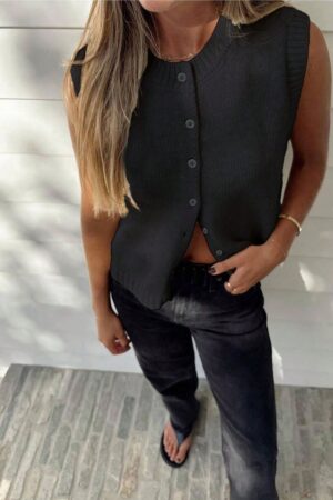Top Casual Tejido en Punto con Botones y Cuello Redondo