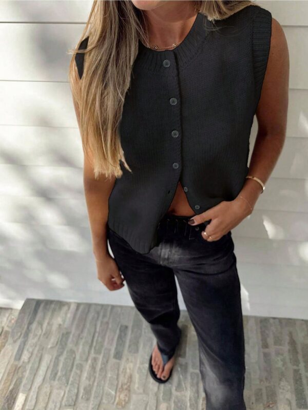 Top Casual Tejido en Punto con Botones y Cuello Redondo