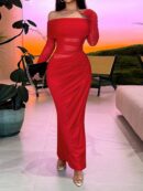 Vestido Tubo Largo con Hombros Descubiertos y Detalles de Tul