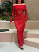 Vestido Tubo Largo con Hombros Descubiertos y Detalles de Tul