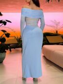 Vestido Tubo Largo con Hombros Descubiertos y Detalles de Tul