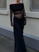 Vestido Tubo Largo con Hombros Descubiertos y Detalles de Tul