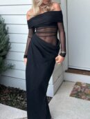Vestido Tubo Largo con Hombros Descubiertos y Detalles de Tul