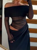 Vestido Tubo Largo con Hombros Descubiertos y Detalles de Tul