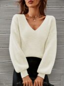 Sweater V-Neck con Hombros Caídos Estilo Francés