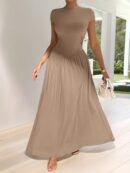 Vestido Midi Asimétrico A-Line Elegante y Simple con Cuello Alto
