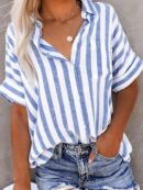 Camisa Casual a Rayas con Mangas Murciélago y Bloques de Color