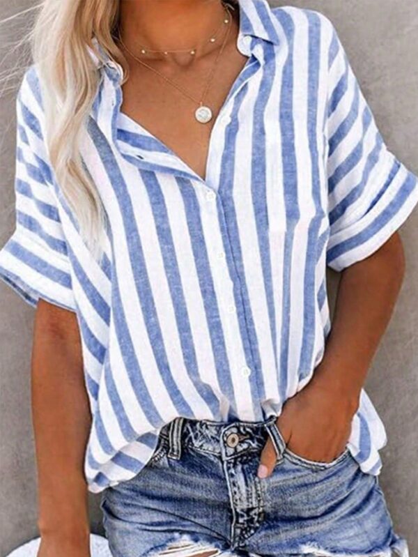 Camisa Casual a Rayas con Mangas Murciélago y Bloques de Color