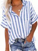 Camisa Casual a Rayas con Mangas Murciélago y Bloques de Color