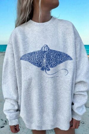 Sudadera Casual con Estampado de Manta Raya y Cuello Redondo
