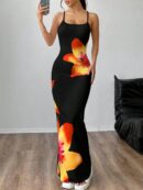 Vestido Largo Elegante con Estampado Floral y Tirantes Delgados