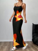 Vestido Largo Elegante con Estampado Floral y Tirantes Delgados