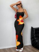 Vestido Largo Elegante con Estampado Floral y Tirantes Delgados