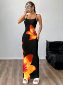 Vestido Largo Elegante con Estampado Floral y Tirantes Delgados
