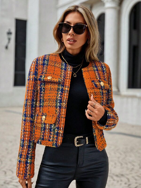 Abrigo de Tweed Abierto con Diseño Escocés y Bolsillo Solapa - Image 12