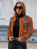 Abrigo de Tweed Abierto con Diseño Escocés y Bolsillo Solapa