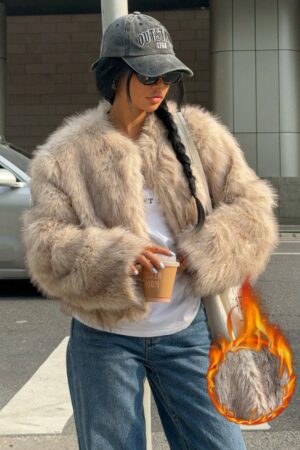 Chaqueta Fluffy Manga Larga Casual Color Sólido