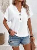 Camiseta de Verano Casual con Cuello en V y Botones Decorativos