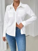 Blusa Casual Blanca de Manga Larga con Cuello y Bolsillo