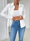 Blusa Casual Blanca de Manga Larga con Cuello y Bolsillo