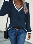 Sudadera Casual de Cuello V con Textura Acanalada y Manga Larga