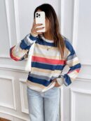 Sweatshirt Casual con Cuello Ancho y Rayas, Manga Larga