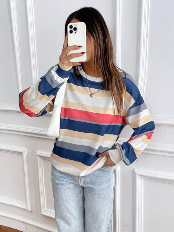 Sweatshirt Casual con Cuello Ancho y Rayas, Manga Larga - Image 24