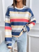 Sweatshirt Casual con Cuello Ancho y Rayas, Manga Larga