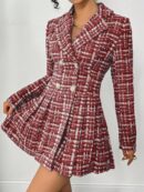 Abrigo Tweed Plisado con Doble Botonadura y Cuello Solapa