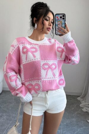Sweater Tejido con Diseño a Cuadros y Detalle de Moño 3D