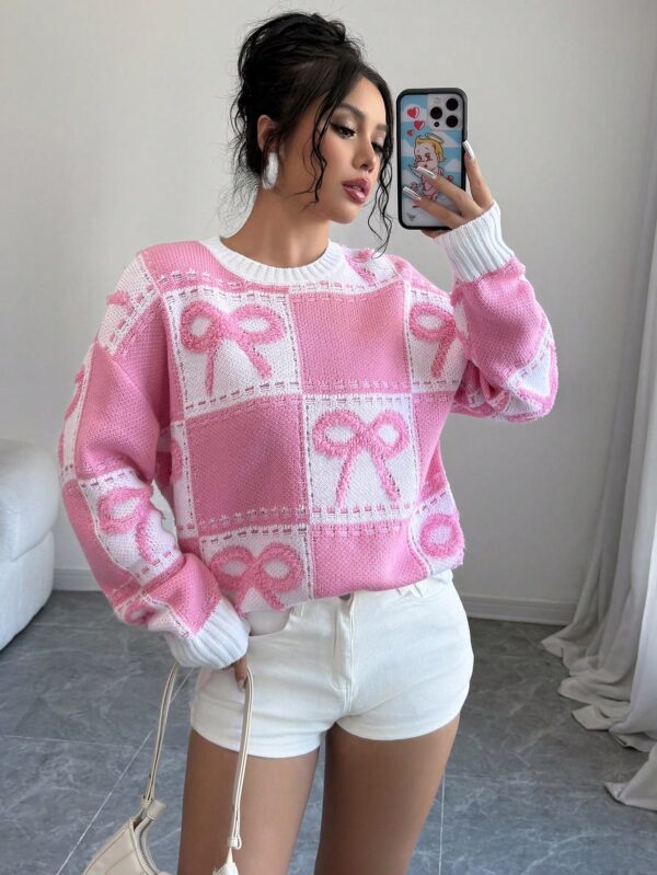 Sweater Tejido con Diseño a Cuadros y Detalle de Moño 3D