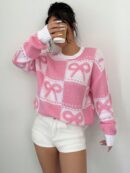 Sweater Tejido con Diseño a Cuadros y Detalle de Moño 3D