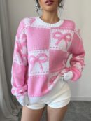 Sweater Tejido con Diseño a Cuadros y Detalle de Moño 3D