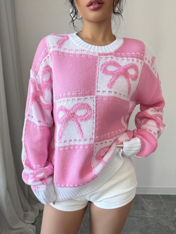 Sweater Tejido con Diseño a Cuadros y Detalle de Moño 3D - Image 5