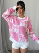 Sweater Tejido con Diseño a Cuadros y Detalle de Moño 3D