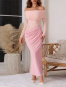Vestido Tubo Largo con Hombros Descubiertos y Detalles de Tul