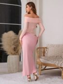 Vestido Tubo Largo con Hombros Descubiertos y Detalles de Tul