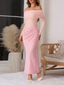 Vestido Tubo Largo con Hombros Descubiertos y Detalles de Tul