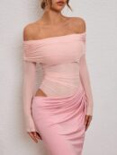 Vestido Tubo Largo con Hombros Descubiertos y Detalles de Tul