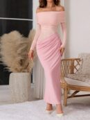 Vestido Tubo Largo con Hombros Descubiertos y Detalles de Tul