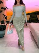 Vestido Tubo Largo con Hombros Descubiertos y Detalles de Tul