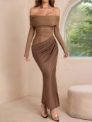 Vestido Tubo Largo con Hombros Descubiertos y Detalles de Tul