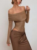 Vestido Tubo Largo con Hombros Descubiertos y Detalles de Tul