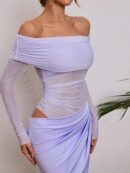 Vestido Tubo Largo con Hombros Descubiertos y Detalles de Tul