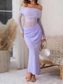 Vestido Tubo Largo con Hombros Descubiertos y Detalles de Tul